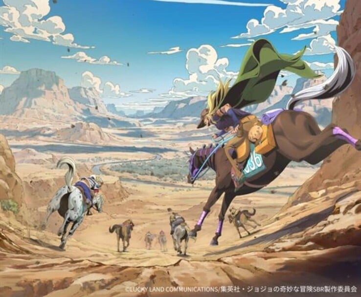 Visual oficial do anime Steel Ball Run, da Netflix, com Gyro Zeppeli e Johnny Joestar correndo pelo deserto americano. (Fonte da imagem: Lucky Land Communications / Shueisha / Warner Bros. Japan / Netflix Anime