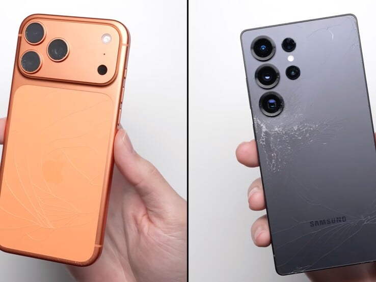 Parte traseira do iPhone 17 Pro Max (esquerda) e Galaxy S25 Ultra (direita) após um teste de queda de 1 metro. (Fonte da imagem: PhoneBuff no YouTube, captura de tela)