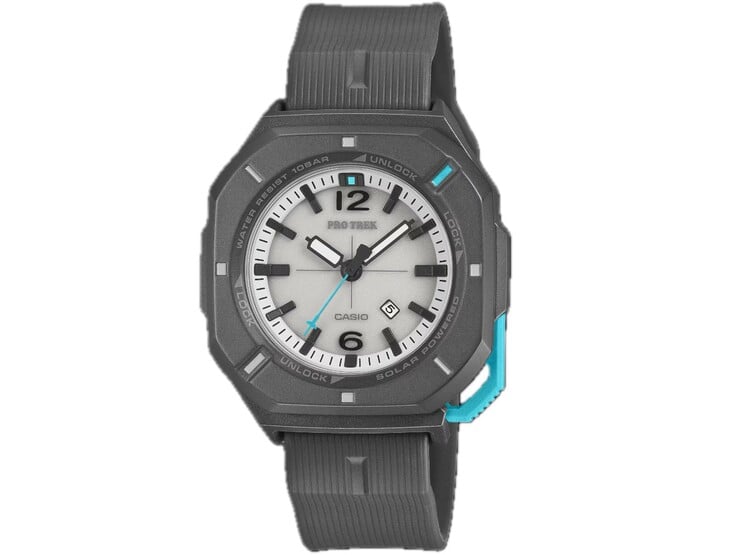 Relógio analógico Casio Pro Trek PRJ-01AE-8 com caixa cinza, mostrador branco, detalhes em turquesa e pulseira preta