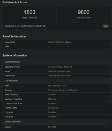 Listagem do Geekbench do Core Ultra 9 185H (imagem via Geekbench)