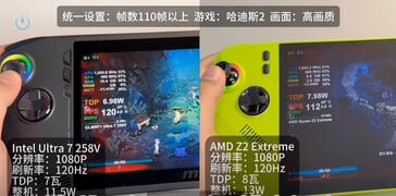 Consumo de energia do MSI Claw Z2 Extreme vs Ultra 7 258V (Fonte da imagem: Bilibili via VideoCardz)
