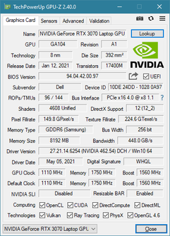 GPU para notebook m15 R5 RTX 3070 com relógios inferiores, núcleos CUDA reduzidos e baixa taxa de preenchimento de pixels. (Fonte de imagem: u/REAVER117 em Reddit)