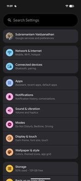 Página de configurações