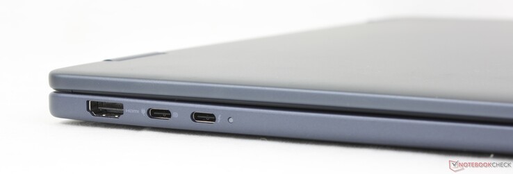Esquerda: HDMI 2.1, USB-C 3.2 Gen. 2 com DisplayPort 1.4 + fornecimento de energia, USB-C Thunderbolt 4 com DisplayPort 2.1 + fornecimento de energia
