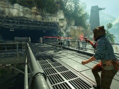 Kay Vess, o protagonista de Star Wars Outlaws, atirando em Strom Troopers. (Fonte da imagem: Nintendo)