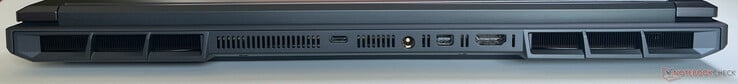 Parte traseira: USB-C 4.0 com Thunderbolt 4 (40 GBit/s, DisplayPort 2.1, Power Delivery de 140 watts), fonte de alimentação, Mini DisplayPort 2.1, HDMI 2.1