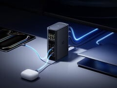O Spacemate RD1 tem uma fonte de alimentação GaN integrada. Na imagem: uma foto promocional mostrando a dock carregando vários dispositivos.