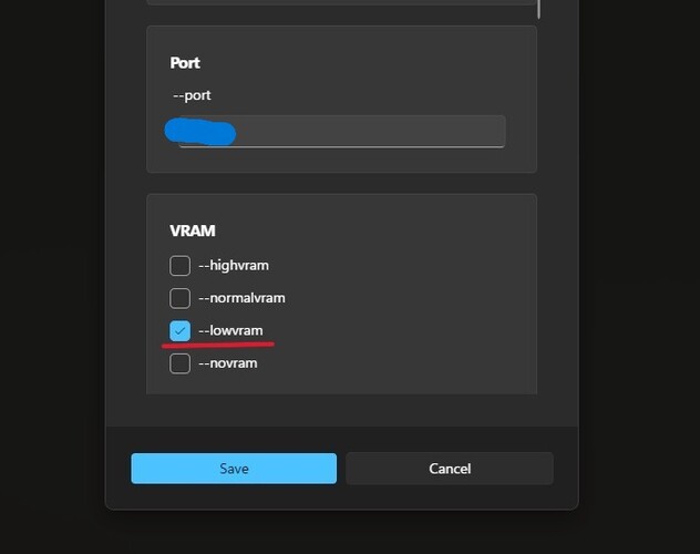 Uma captura de tela do menu de configurações dentro do bloco ComfyUI na Stability Matrix com a vram baixa destacada. (Fonte da imagem: Captura de tela do Windows)