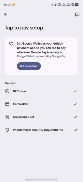 Tudo ainda parece estar correto nas configurações do Google Wallet.