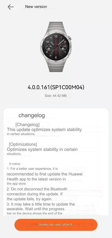O changelog da versão de atualização 4.0.0.161 para o Huawei Watch GT 4. (Fonte da imagem: Huawei.blog/Google Translate)