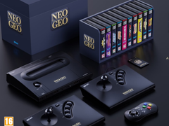 Uma representação do Neo Geo Aes+ com seus joysticks de gamepad e uma coleção de videogames