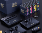 Uma representação do Neo Geo Aes+ com seus joysticks de gamepad e uma coleção de videogames