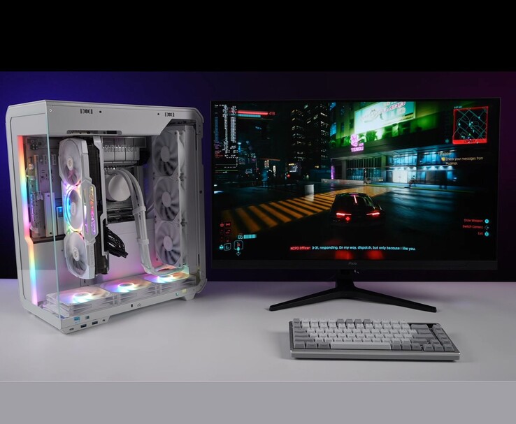 PC desktop para jogos totalmente AMD executando Cyberpunk 2077 em um monitor 4K. (Fonte da imagem: ETA Prime via YouTube)