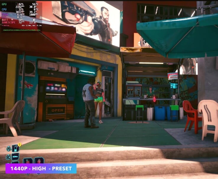 Cyberpunk 2077 rodando no SteamOS em 1440p com a configuração “Alta”