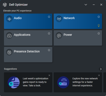 Tela inicial do Dell Optimizer. Observe que a Detecção de presença não está disponível no Latitude 7330, apesar do ícone