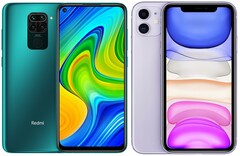 O Redmi Note 9 e Apple iPhone 11 são dois dos smartphones mais vendidos do mundo. (Fonte da imagem: Xiaomi/Apple - editado)