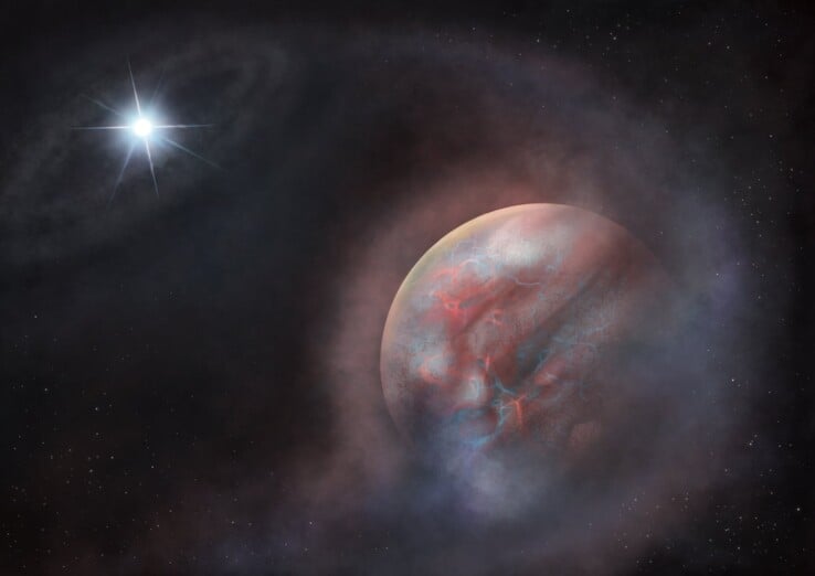 Uma ilustração artística que mostra o candidato a exoplaneta a orbitar a anã branca HS 0209+0832.