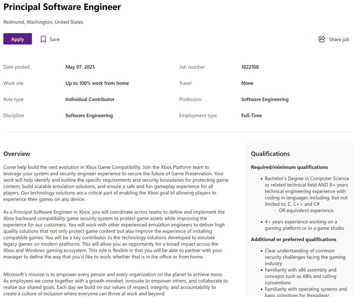 Anúncio de emprego da Microsoft para Engenheiro de Software Principal (Fonte da imagem: captura de tela, Microsoft Careers)