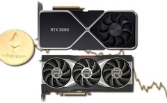 Os preços de varejo das GPUs RTX 30 e RX 6000 caíram de acordo com o valor de mercado do Ethereum. (Fonte da imagem: Nvidia/AMD/Unsplash/Coinbase - editado)