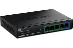 O switch multi-gigabit TPE-BG350 sem ventilador da Trendnet é fornecido em um gabinete metálico resistente