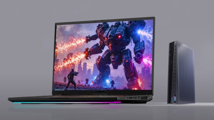 A Aorus RTX 5060 Ti AI Box ao lado de um dos mais recentes laptops para jogos de 16 polegadas da Gigabyte. (Fonte da imagem: Gigabyte)