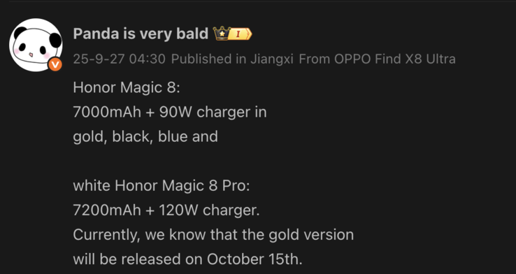 Informações vazadas sobre o Magic 8. (Fonte da imagem: Weibo - tradução automática)
