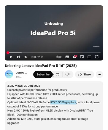 O IdeaPad Pro 5 16 da Lenovo será lançado com uma GPU Nvidia RTX 5050 integrada. (Fonte da imagem: Lenovo PC no YouTube)
