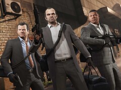 Os personagens principais de Grand Theft Auto V, Michael, Trevor e Franklin, em uma missão de assalto com armas e bolsas. (Fonte da imagem: Rockstar Games)