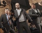 Os personagens principais de Grand Theft Auto V, Michael, Trevor e Franklin, em uma missão de assalto com armas e bolsas. (Fonte da imagem: Rockstar Games)
