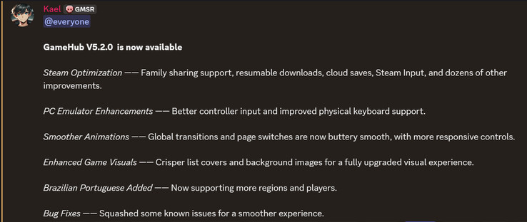 Registro de mudanças do GameHub v5.2 (Fonte da imagem: GameSir)