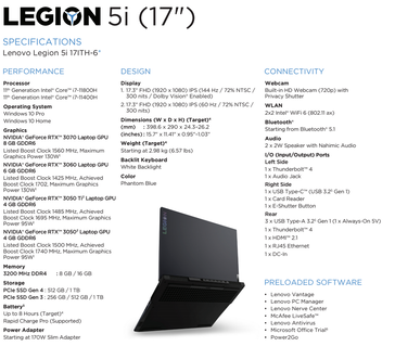 Lenovo Legion Especificações 5i de 17 polegadas (imagem via Lenovo)
