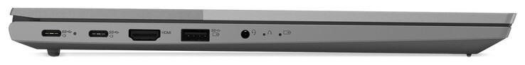 Lado esquerdo: 2x USB 3.2 Gen 2 (USB-C; Fornecimento de energia, Displayport), HDMI, USB 3.2 Gen 1 (USB-A), conector de áudio