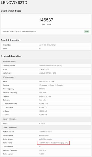 GeForce Computador portátil RTX 3080 Ti. (Fonte da imagem: Geekbench)