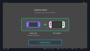 Etapa 3 da vinculação dos consoles Nintendo Switch para compartilhamento do Virtual Game Card: A tela de confirmação "Systems linked" é exibida, indicando que o processo de vinculação foi concluído. O usuário é instruído a continuar no sistema de origem pressionando o botão HOME Menu.