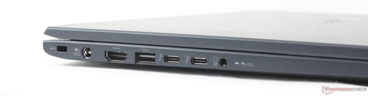 Esquerda: trava de segurança, adaptador CA, HDMI, USB-A Gen 3.2, 2x USB-C 4.0 com DisplayPort + Power Delivery, fone de ouvido de 3,5 mm