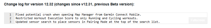 O registro de alterações da versão beta 12.32 para o Garmin Fenix 8 e smartwatches relacionados. (Fonte da imagem: Garmin)