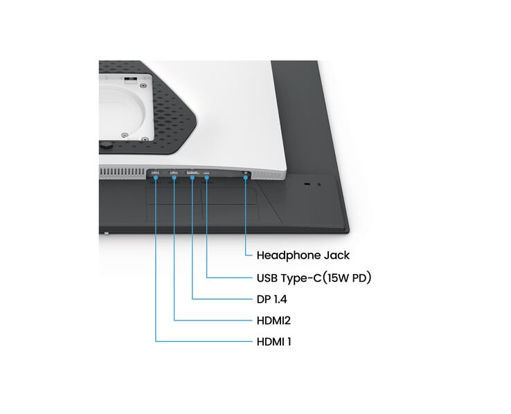 As opções de conectividade física do monitor incluem duas portas HDMI 2.1 e uma única conexão DisplayPort 1.4, além de dois alto-falantes integrados de 2 W cada.
