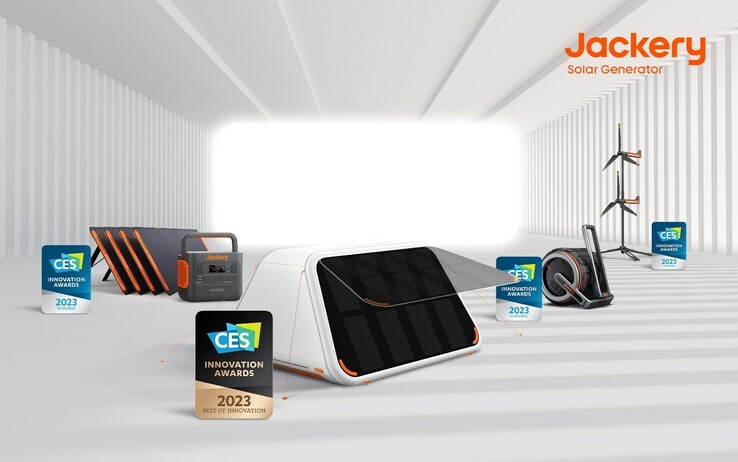 Os modelos Jackery LightTent-AIR, SG Explorer 2000 Pro, Air-W e LightCycle-S1 foram mostrados no CES 2023. (Fonte da imagem: Jackery)