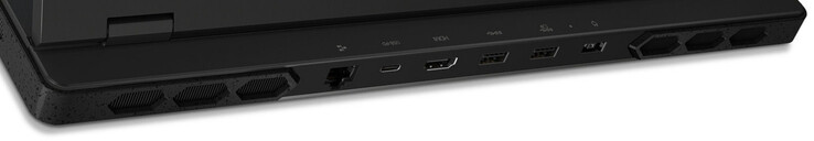 Parte traseira: Gigabit Ethernet, USB 3.2 Gen 2 (USB-C; Power Delivery, DisplayPort), HDMI, 2x USB 3.2 Gen 1 (USB-A), porta de alimentação