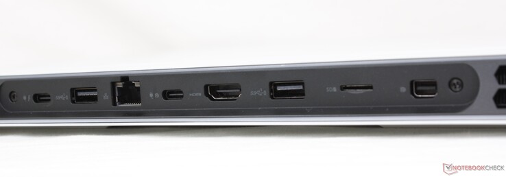 Atrás: USB-C c/ Thunderbolt 4 + Power Delivery + DisplayPort, USB-A 3.2 Gen. 1, RJ-45 2.5 Gbps, USB-C 3.2 Gen. 2 c/ Power Delivery + DisplayPort, HDMI 2.1, leitor MicroSD, mini DisplayPort 1.4