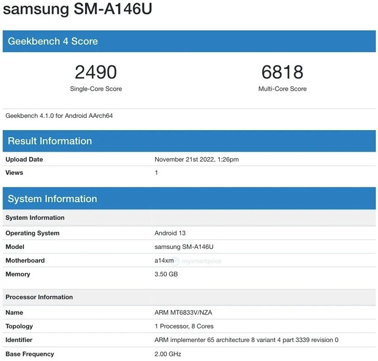 Uma segunda variante, possivelmente vinculada aos EUA, da variante Galaxy A14 5G supostamente aparece. (Fonte: Geekbench)