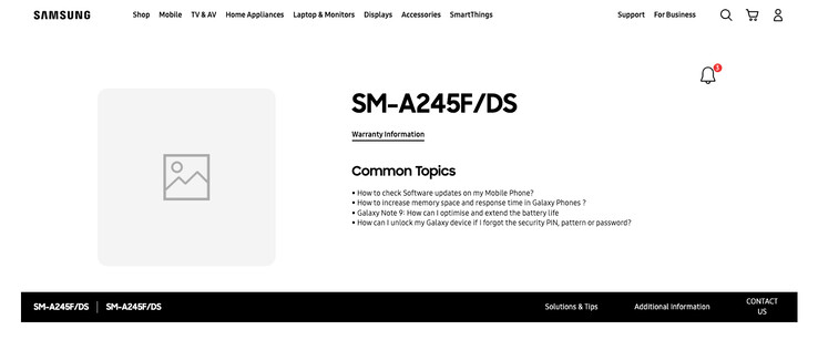 O "Galaxy A24" é visto como uma nova entrada no banco de dados de suporte da Samsung. (Fonte: Samsung IN via SamMobile)