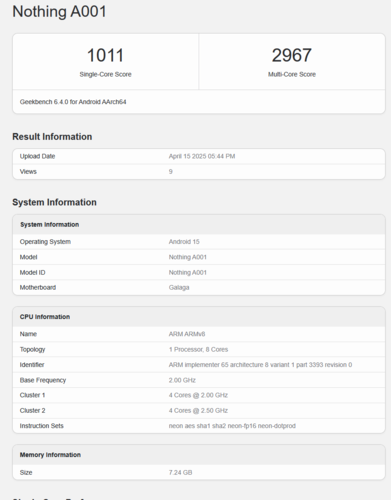 Suposta listagem do CMF Phone 2 Pro no Geekbench (fonte da imagem: Geekbench)