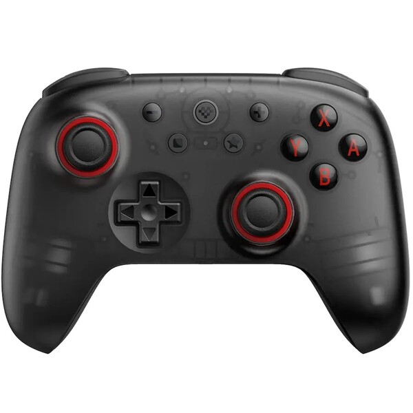 O 8BitDo Ultimate 2C Bluetooth em preto translúcido tem anéis de joystick vermelhos e botões ABXY. (Fonte da imagem: 8BitDo)