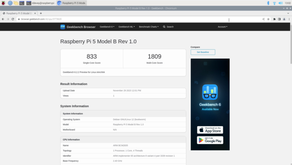 Com uma pontuação única de 833 no Geekbench 6, o Raspberry Pi 5 não é nada desleixado (Fonte: Notebookcheck)