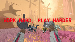 Captura de tela do Mycopunk com mãos de robô e texto dizendo work hard play harder
