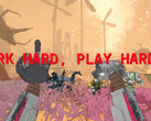 Captura de tela do Mycopunk com mãos de robô e texto dizendo work hard play harder