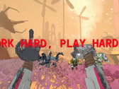 Captura de tela do Mycopunk com mãos de robô e texto dizendo work hard play harder