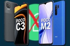 Tanto o POCO C3 como o POCO M2 foram movidos para a coluna &quot;não vai receber Android 12&quot;. (Fonte da imagem: POCO/Google - editado)