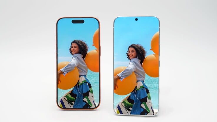 O Tecno Randlos-Phone em comparação com um smartphone convencional, aparentemente um iPhone 17 Pro.